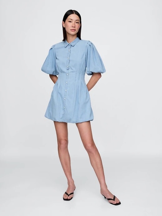 GAP Dresses & Skirts - GAP Light Blue Puff-Sleeve Mini Shirt Dress